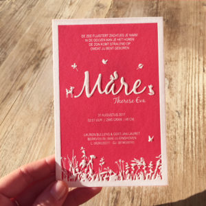 geboortekaartje-letterpress-mare-bosdiertjs-roze-donkerroze-hertje-vogeltje-heide-vosje-vlindertje-sierlijk-gras-natuur-relief-karton-mare