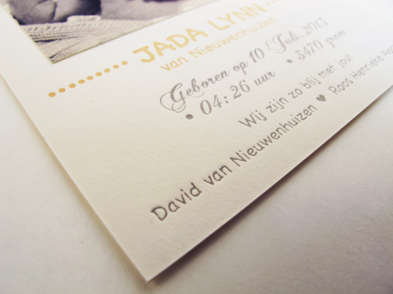 Letterpress geboortekaartje Jada Lynn Letterpress geboortekaartje Jada Lynn