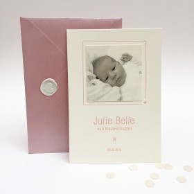 Letterpress-geboortekaartje-julie-belle-zusjes-roze-foto