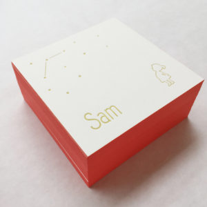 letterpress-geboortekaartje-sam-meisje-silhouet-sterren-vierkant-abrikoos-kleuropsnede-goud-inkt