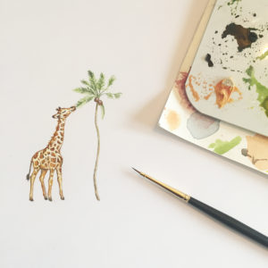 aquarel-geboortekaartje-giraffe-waterverf-handgemaakt-uniek-eigen-orgineel-afrika-jungle-palmboom-savanne